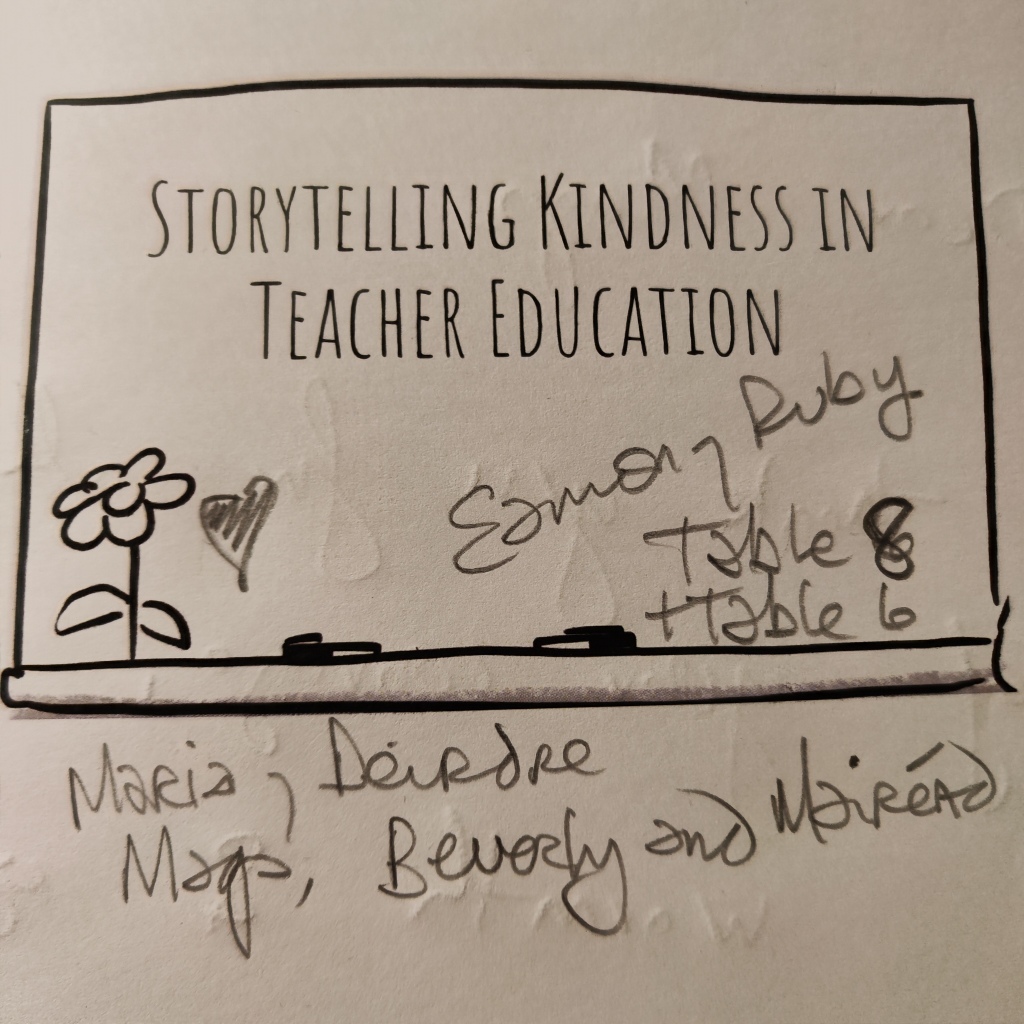close up on a white boolet title Story telling Kindness in Teacher Education, with names written in pencil - Eamon, Rubu, Mags, Maria & Deirdre, Beverly & Mairead