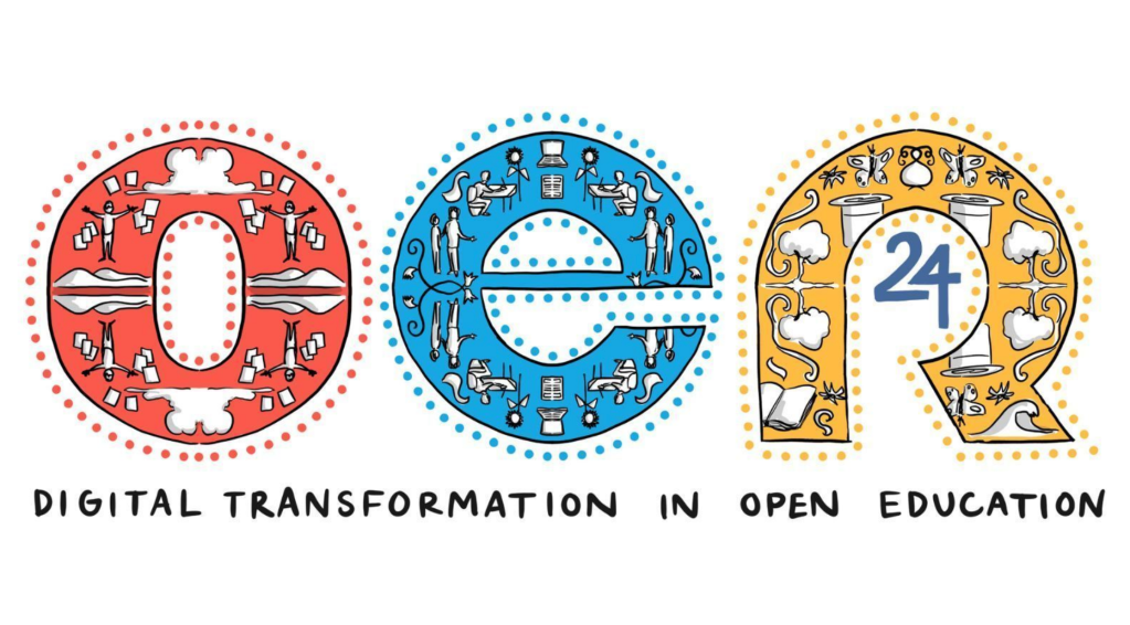 an ornate O, E, R in red, blue, yellow respectively sit above the legennd digital transoformation in open education
